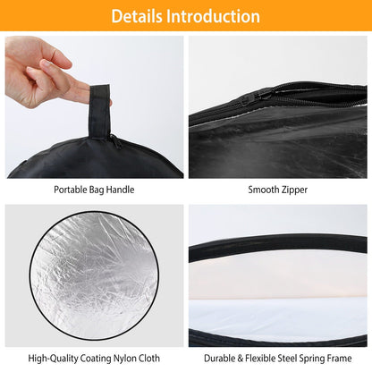 42.5In 5 In 1 Photography Round Light Reflector Collapsible Multi Disc Light Diffuser w/ Storage Bag Translucent Silver Gold White Black 5 Colors Refl