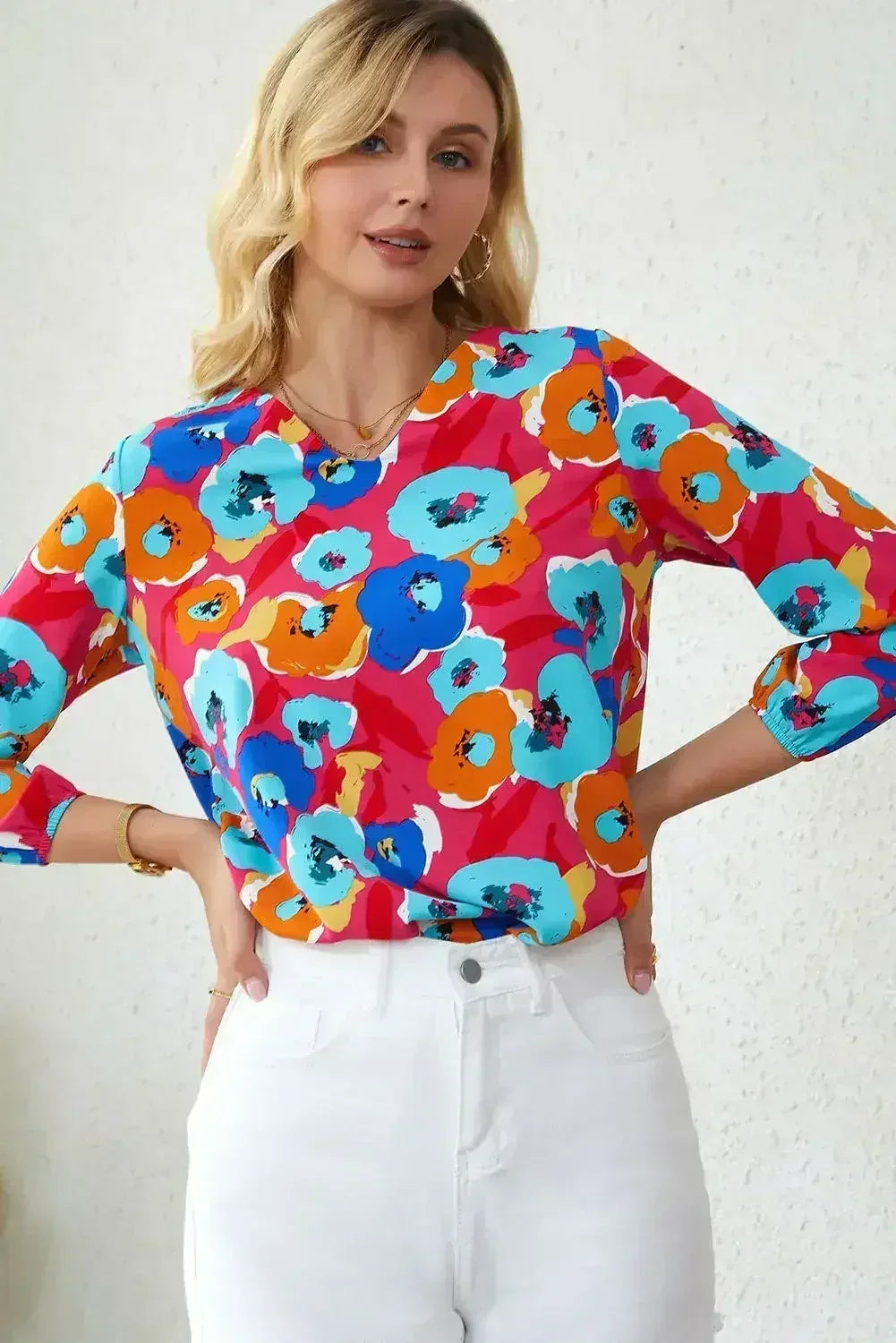 Floral Print V Neck Blouse - 3/4 Sleeve & Non-Stretch | Femstylo