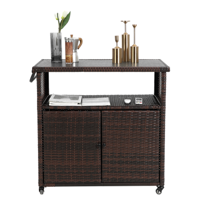 Outdoor Wicker Bar Cart with Glass Top and Wheels - Light Brown