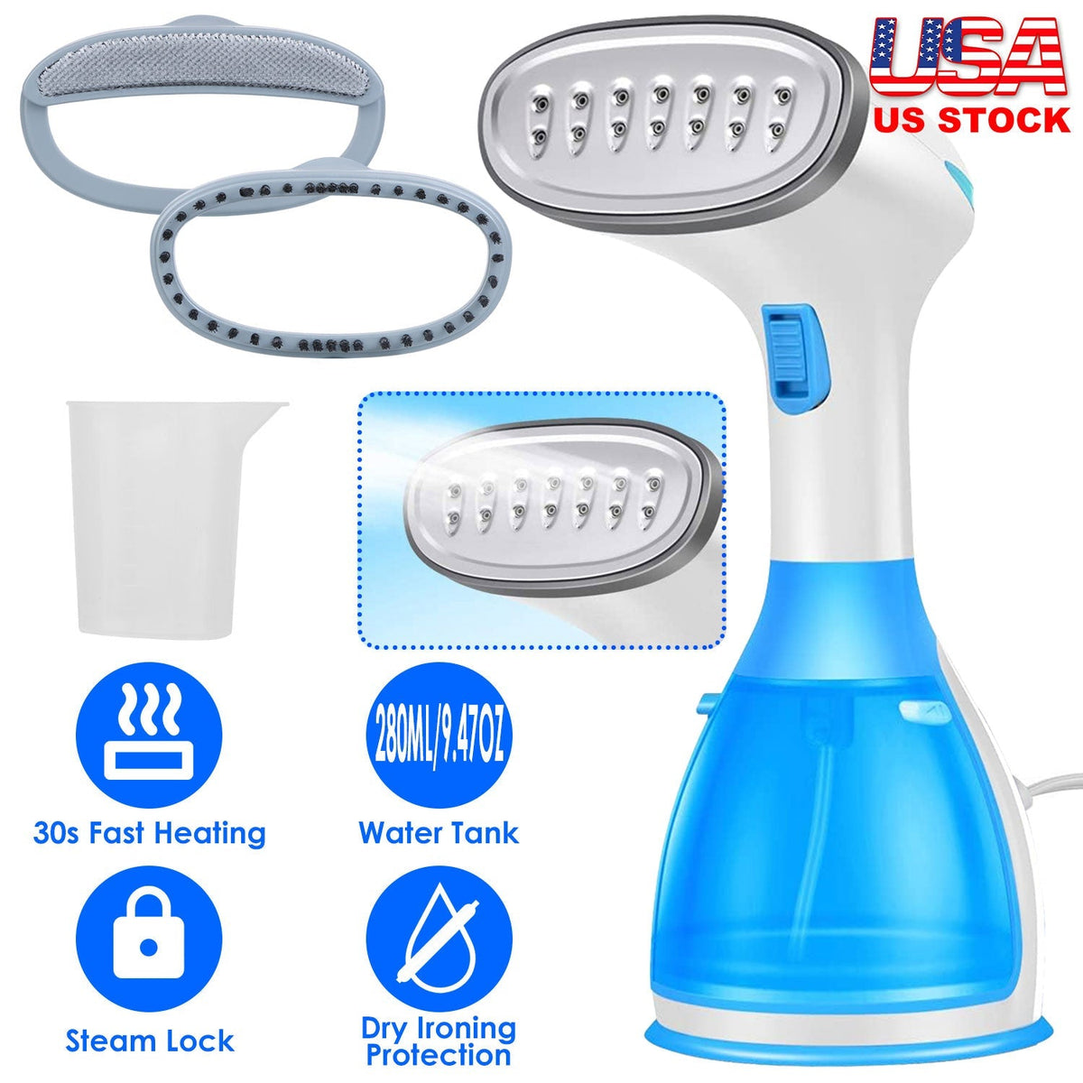1500W Portable Handheld Clothes Steamer with 2 Brush Electric Travel Steamer for Garments Clothing Wrinkles Remover Dry Ironing Protection 30S Heat Up