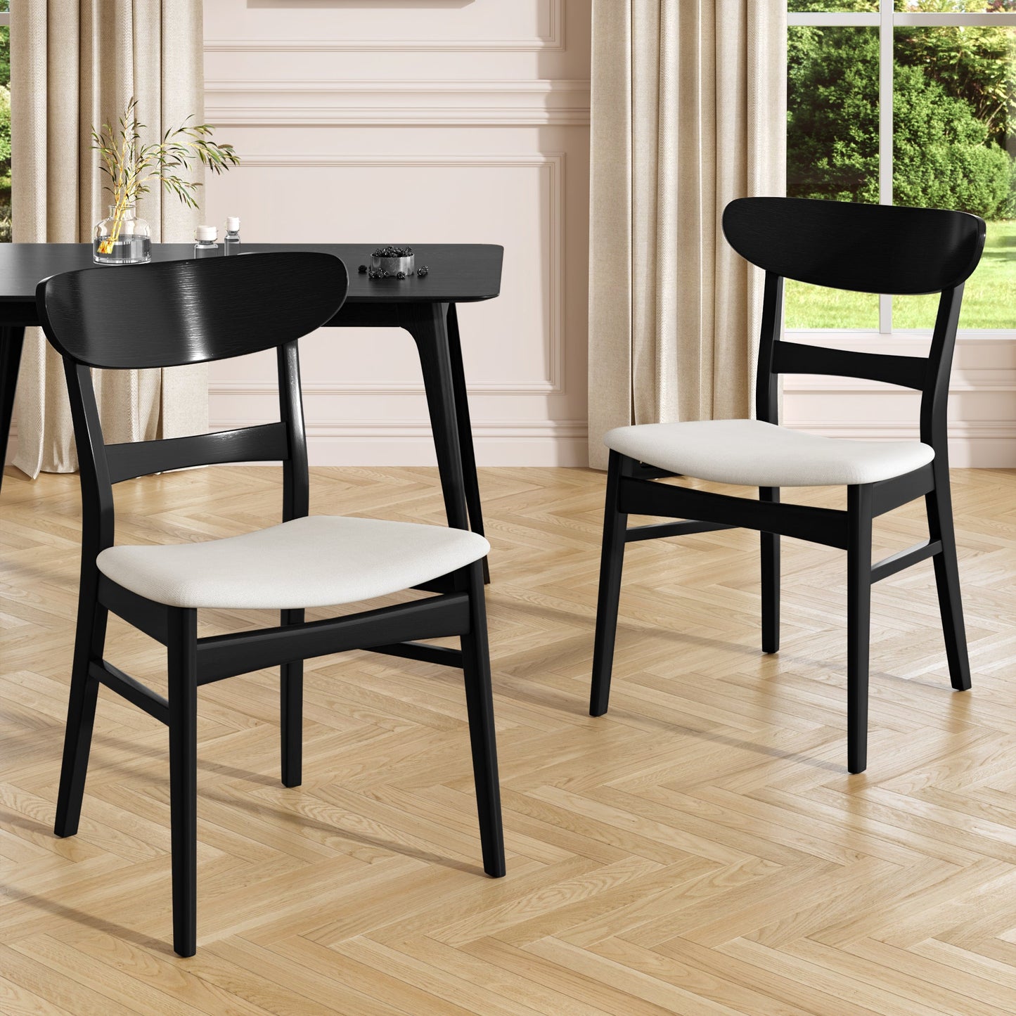 Set of 2 Mid-Century Dining Chairs - Upholstered Seat, Rubberwood Legs
