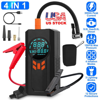 3000A 150PSI 12V Portable Jump Starter with Air Compressor 9.0L Gas/8.0L Diesel Jumper Box with 3 Light Modes Power Bank LCD Display