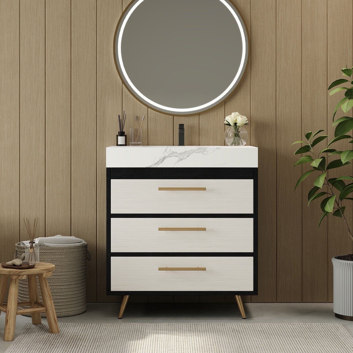 Modern Free-Standing Bathroom Vanity with Ceramic Vessel Sink & Durable Sintered Stone Top