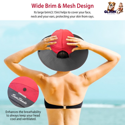 Women Summer Sun Bucket Hats Foldable UV Protection Cotton Cap Wide Brim Floppy Cap Packable Ponytail Mesh Travel Hat For Beach Fishing Camping Travel