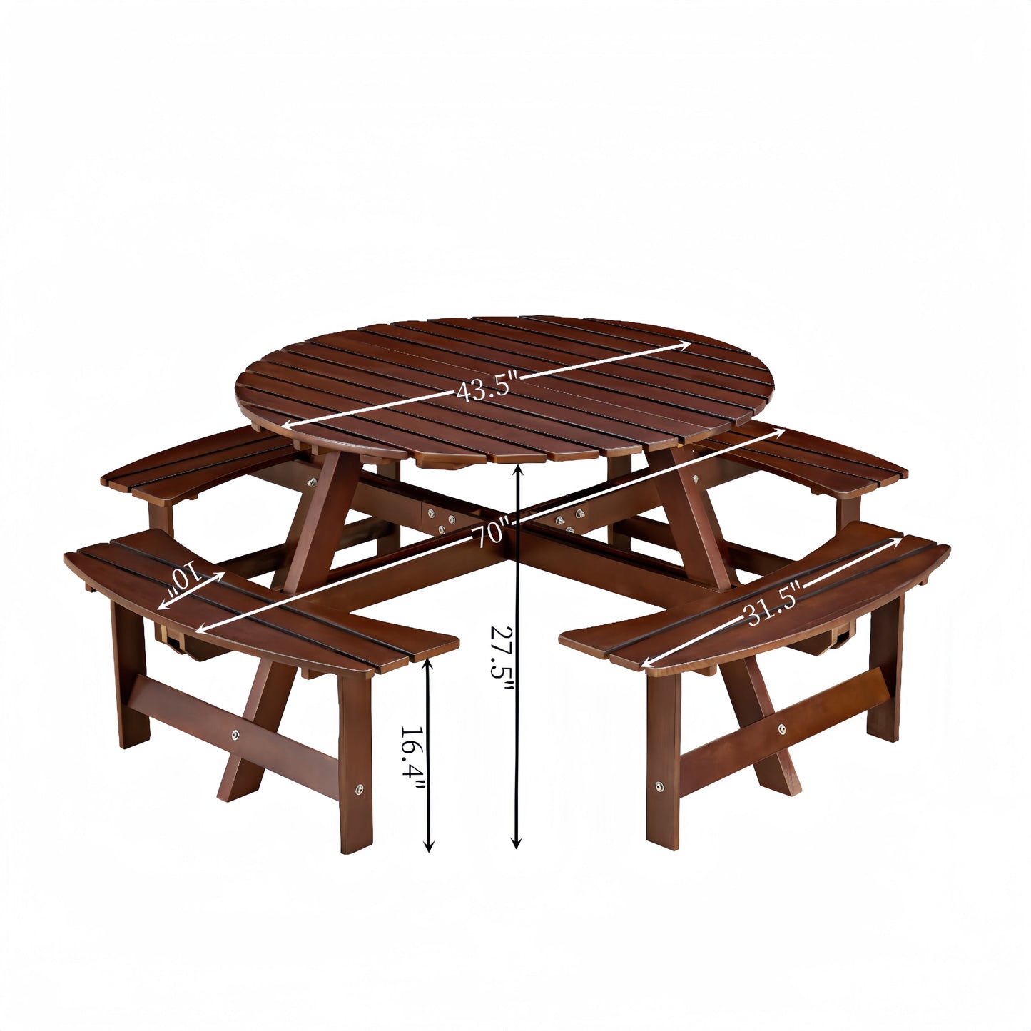 Outdoor 8 Person Round Picnic Table with Built-In Benches