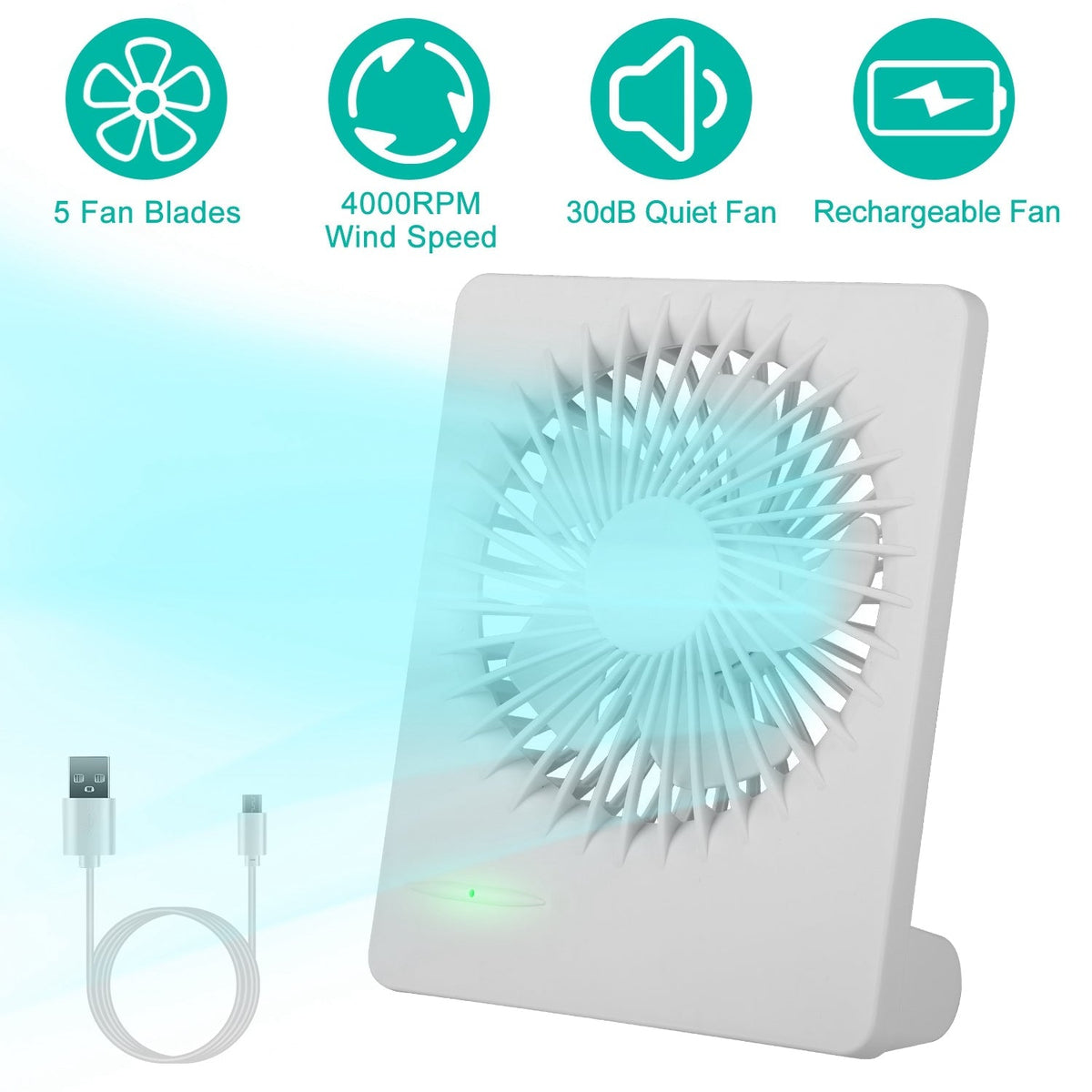 Portable Desk Fan USB Rechargeable Table Cooling Fan Quiet 5 Blades Desktop Fan with 3 Speeds Ajustment for Bedroom Office
