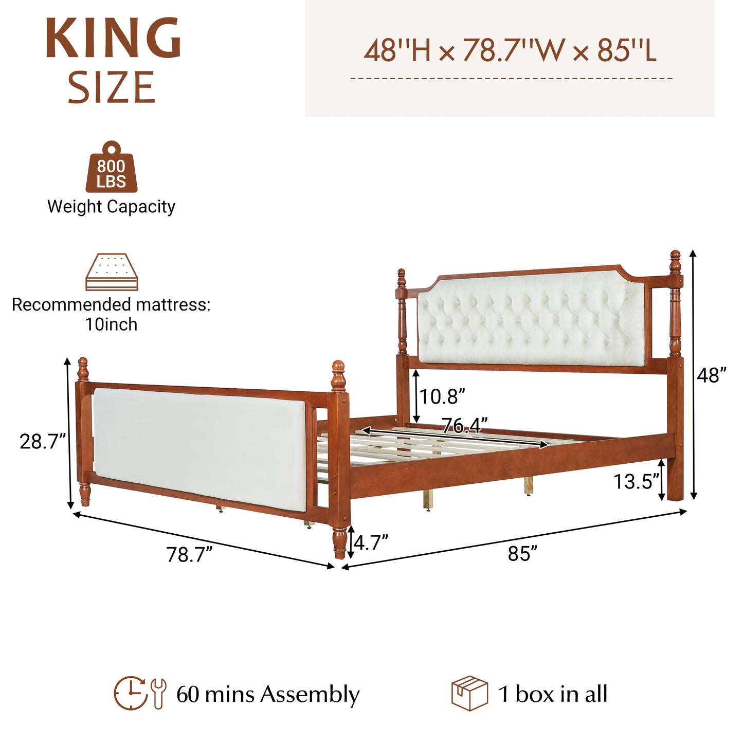 King Size Upholstered Platform Bed with Button Tufted Headboard