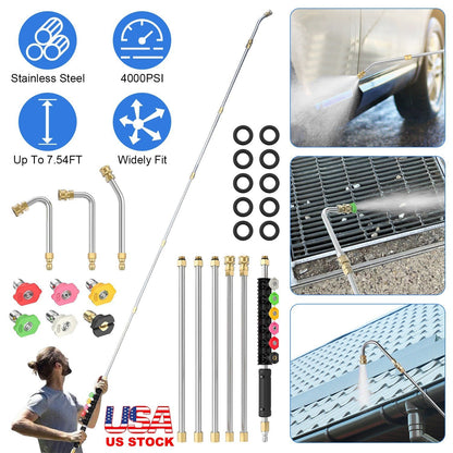 7.54FT Pressure Washer Extension Wand With 1/4" Quick Connect 4000 PSI Pressure 3 Curved Wands 6 Spray Nozzles For Deck Roof Yard Window Wall Fence Cl