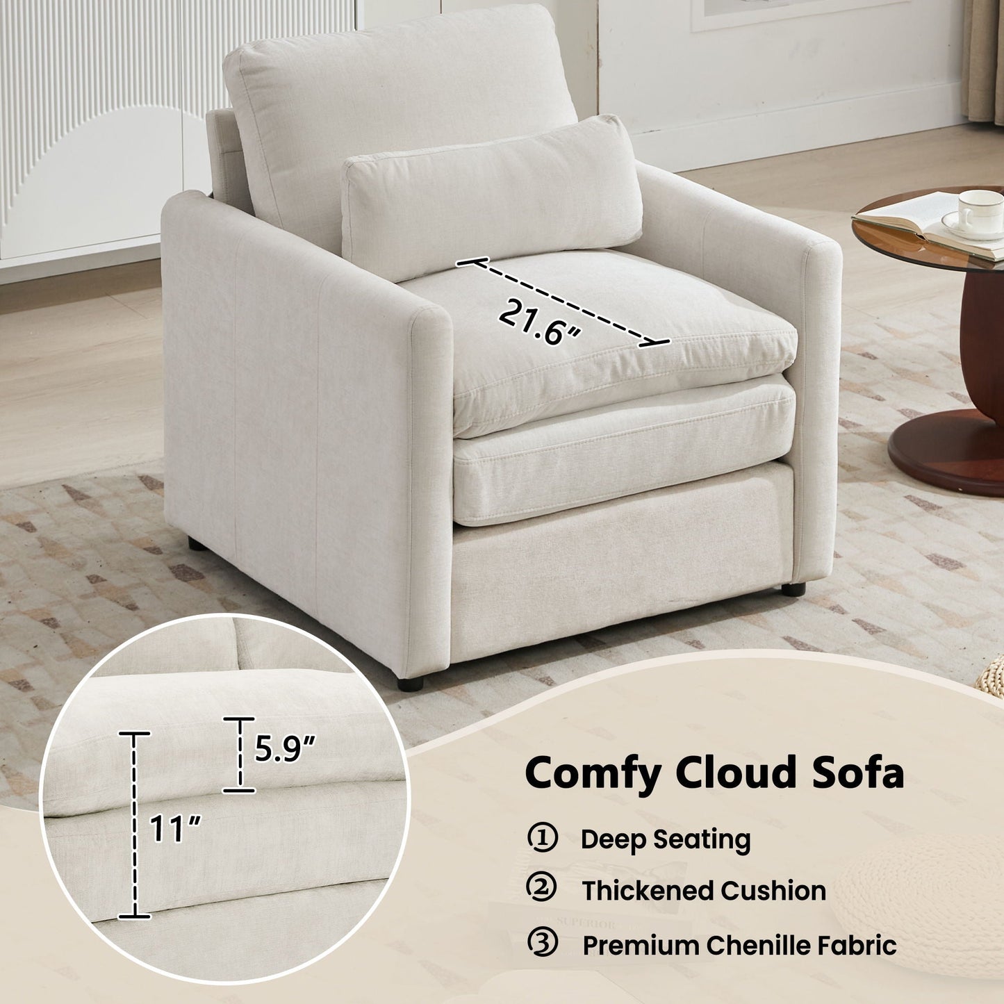 Cozy Upholstered Cushion Armchair For Living Room