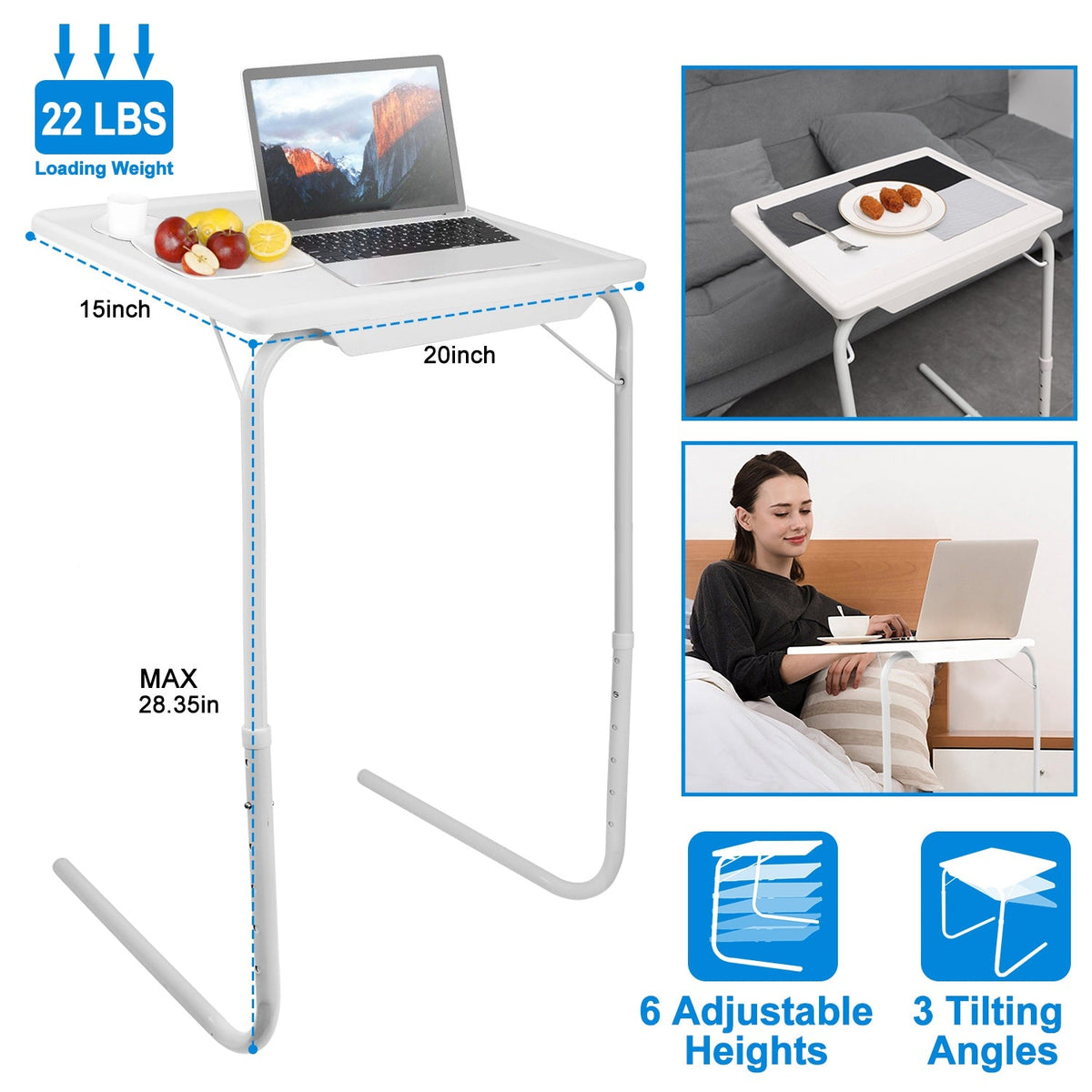 Foldable Tray Table Portable Sofa TV Tray 6 Heights 3 Angles Laptop Desk Adjustable Eating Dinner Coffee for Bed Dorm Home