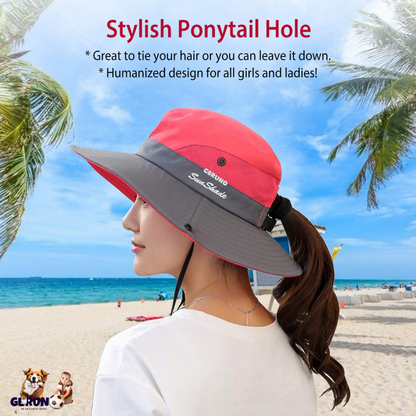 Women Summer Sun Bucket Hats Foldable UV Protection Cotton Cap Wide Brim Floppy Cap Packable Ponytail Mesh Travel Hat For Beach Fishing Camping Travel