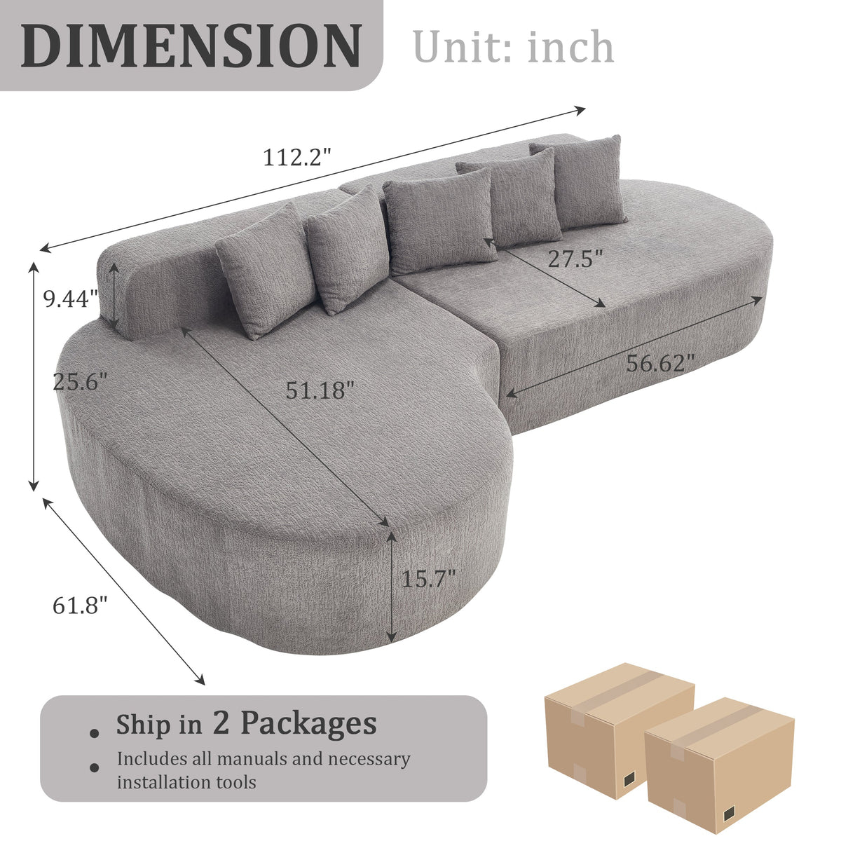 110.2" * 62" Boneless Sectional Curved Sofa with 5 Pillows