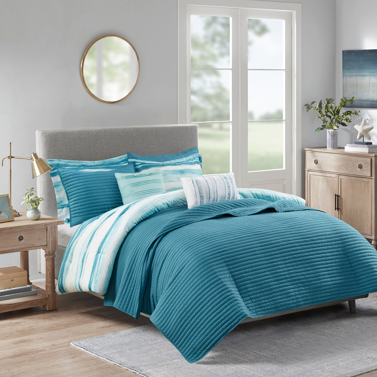 8 Piece Printed Seersucker Comforter and Quilt Set Collection Aqua King/Cal King