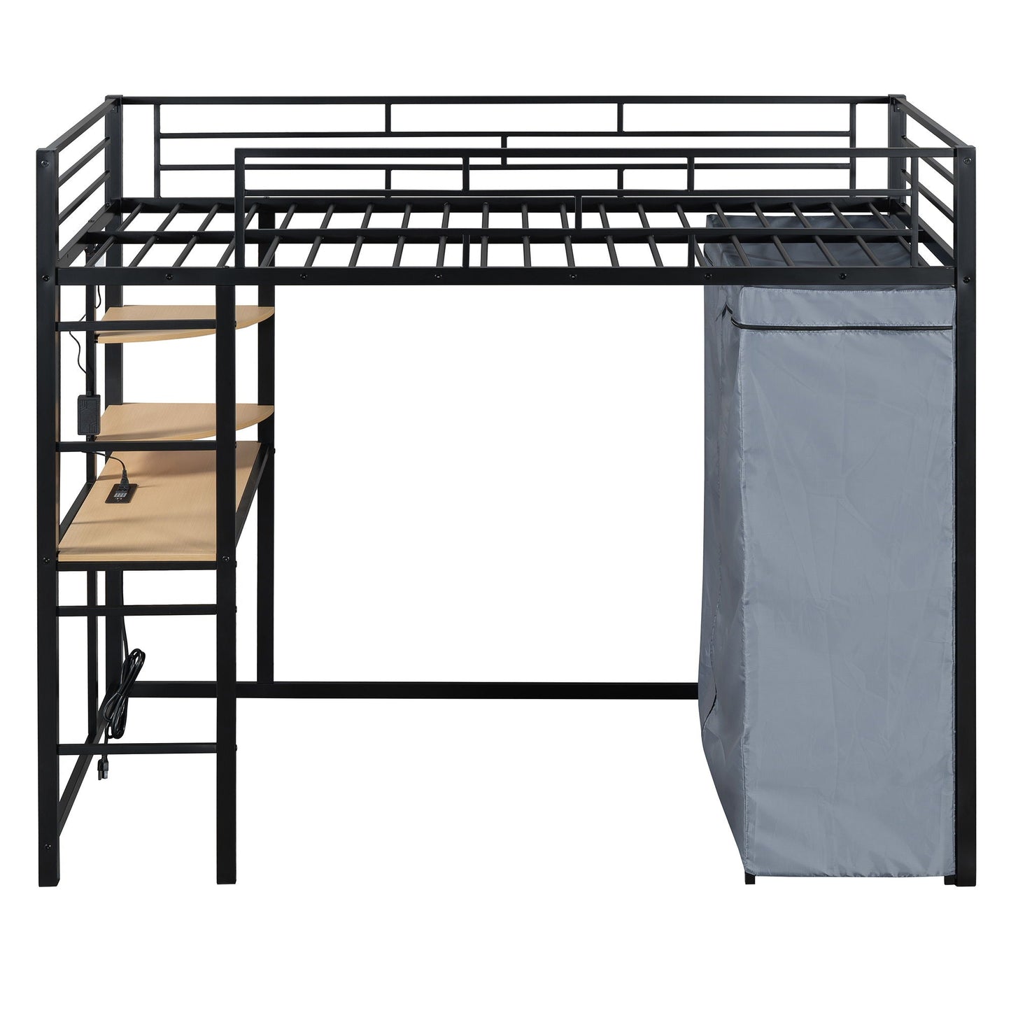 Loft Bed With Desk, Shelves, Power Outlet, LED Light And Wardrobe