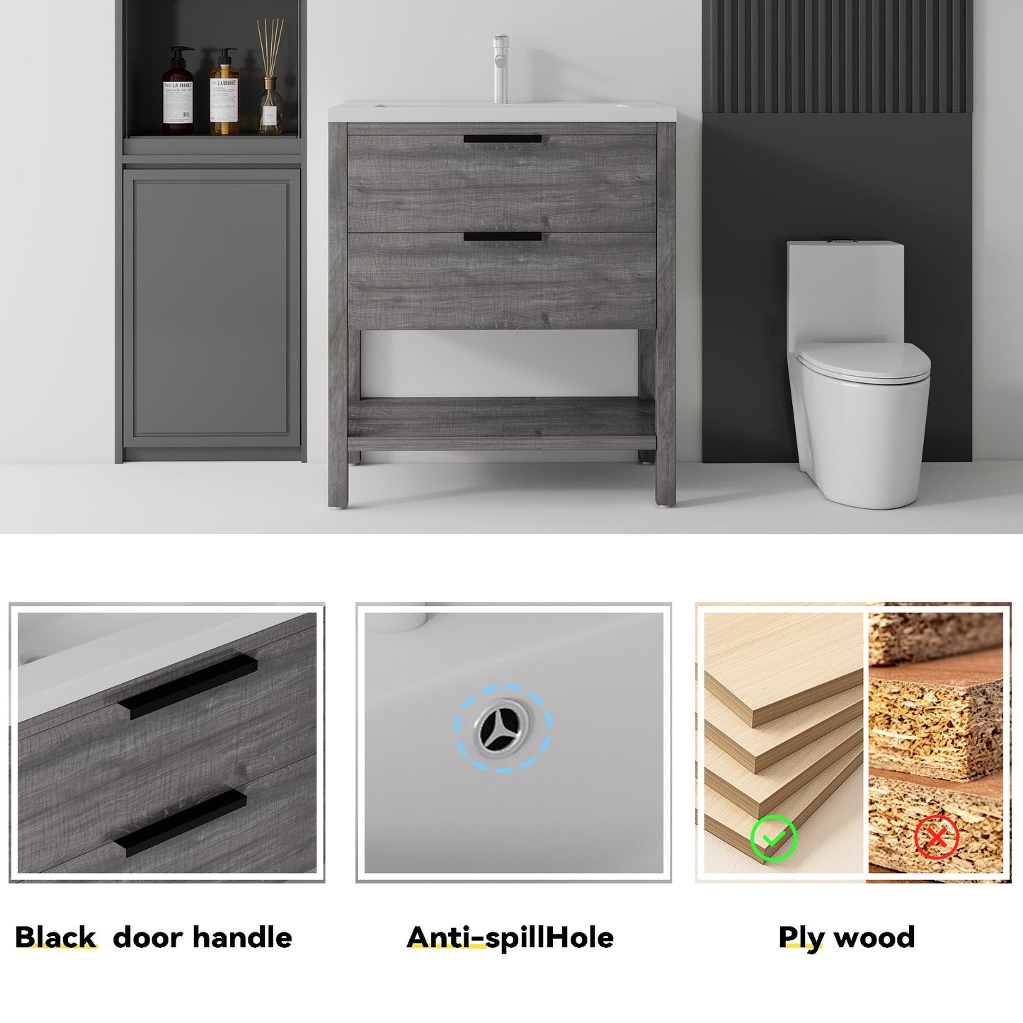 36 Inch Freestanding Bathroom Vanity with Sink, Soft-Close Drawer, Ceramic Sink, Plywood