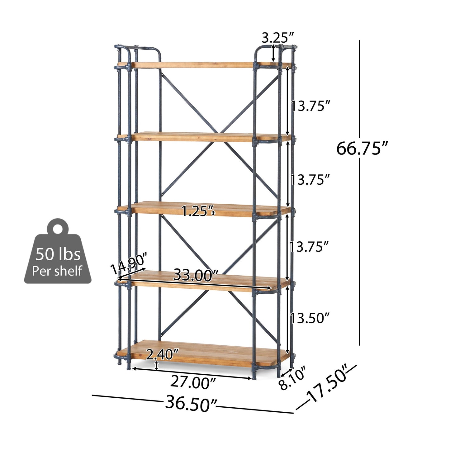 Yorktown Industrial 5 Shelf Bookcase with Metal Pipework and Solid Fir - Natural