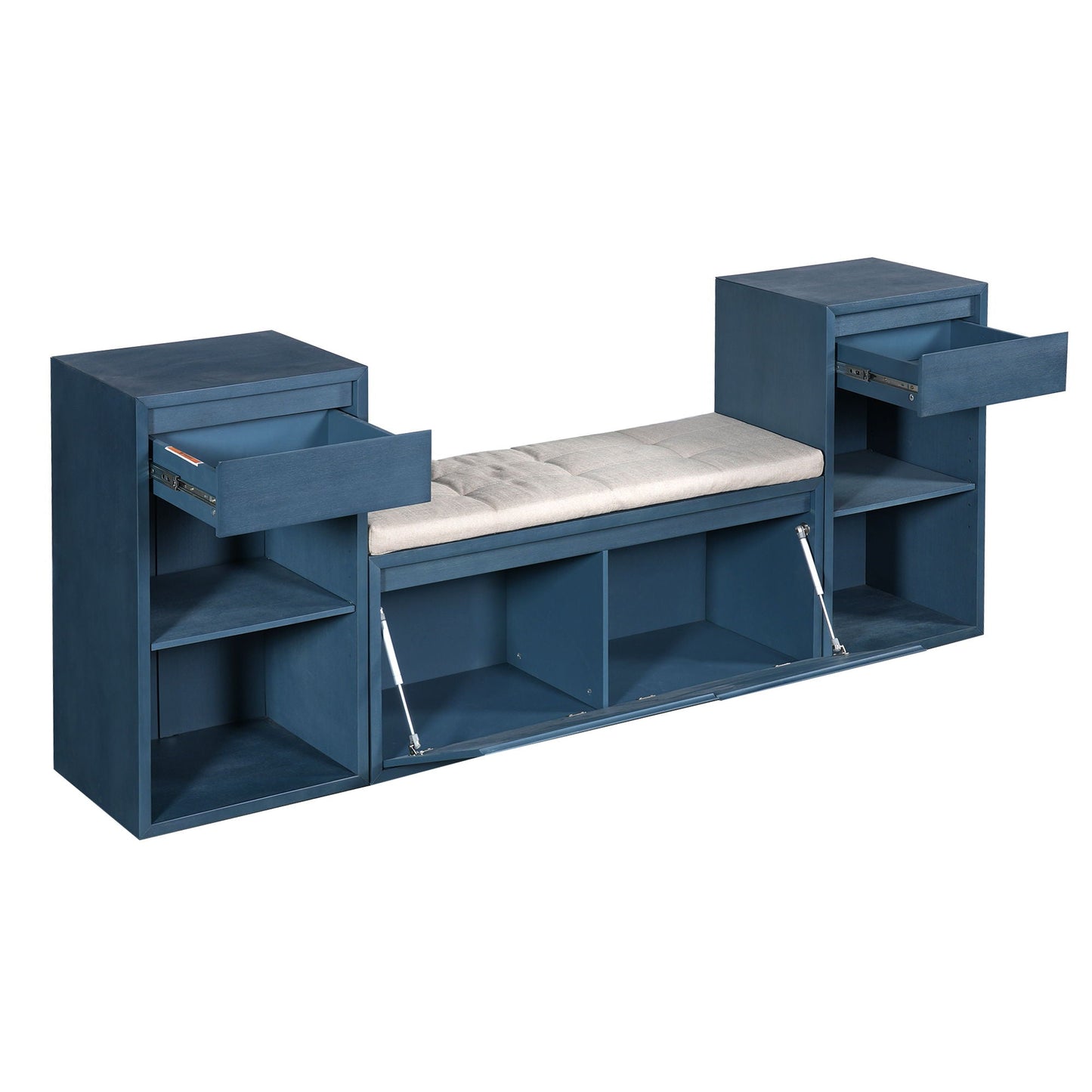Entryway Storage Bench With Cushion, Drawers & Open Shelves