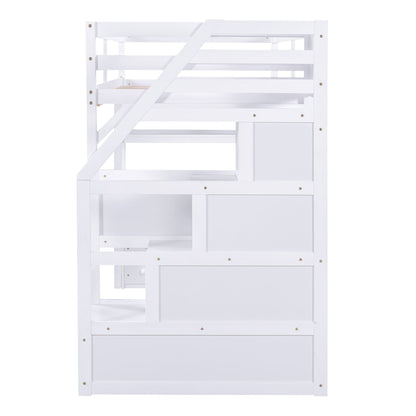 Loft Bed With Desk, Shelves, 2 Drawers, Storage Staircase
