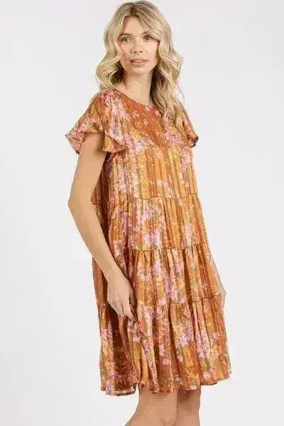 Flower Print Flutter Sleeve Tiered Caramel Dress – femstylo