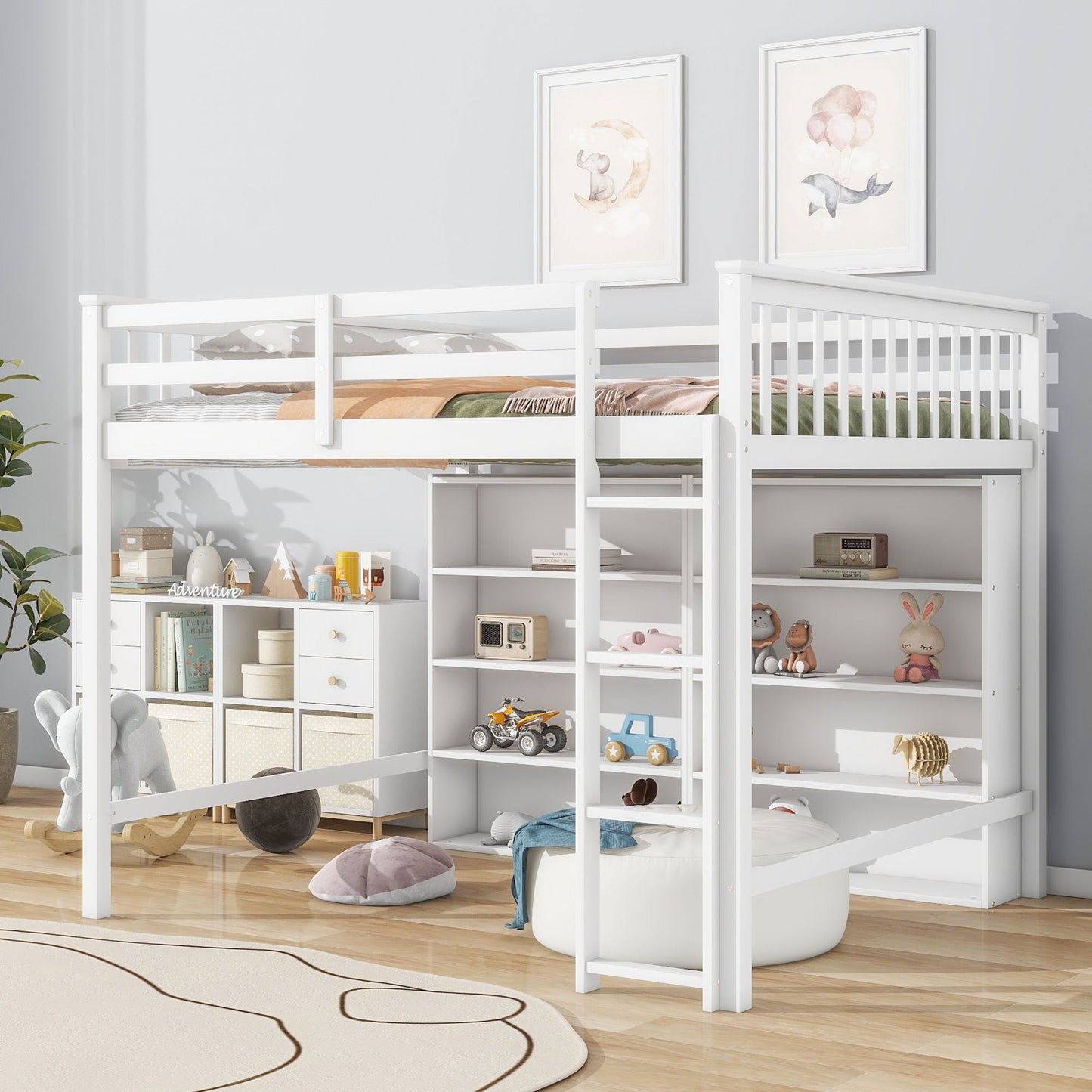 Loft Bed With 8 Open Storage Shelves And Built In Ladder