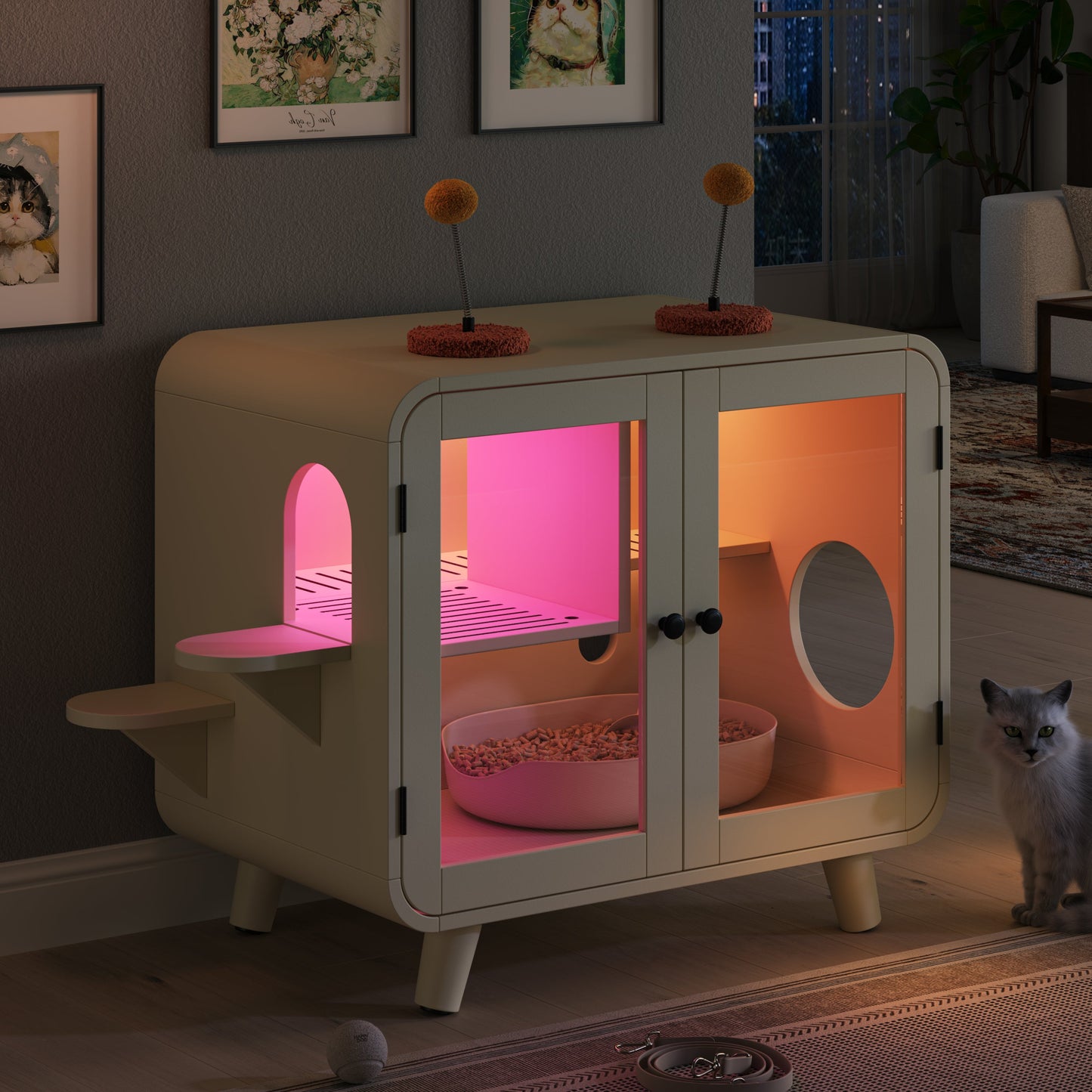 Cat Hidden Litter Box Enclosure with RGB LED Light and Glass Doors