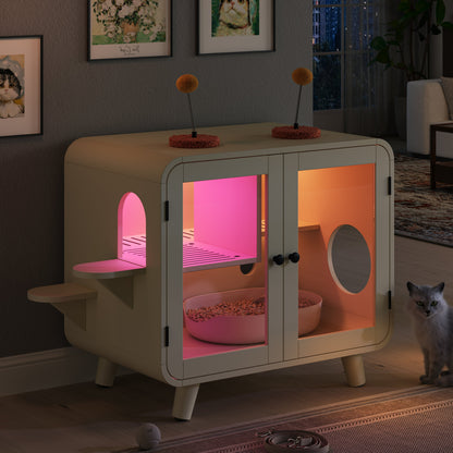 Cat Hidden Litter Box Enclosure with RGB LED Light and Glass Doors