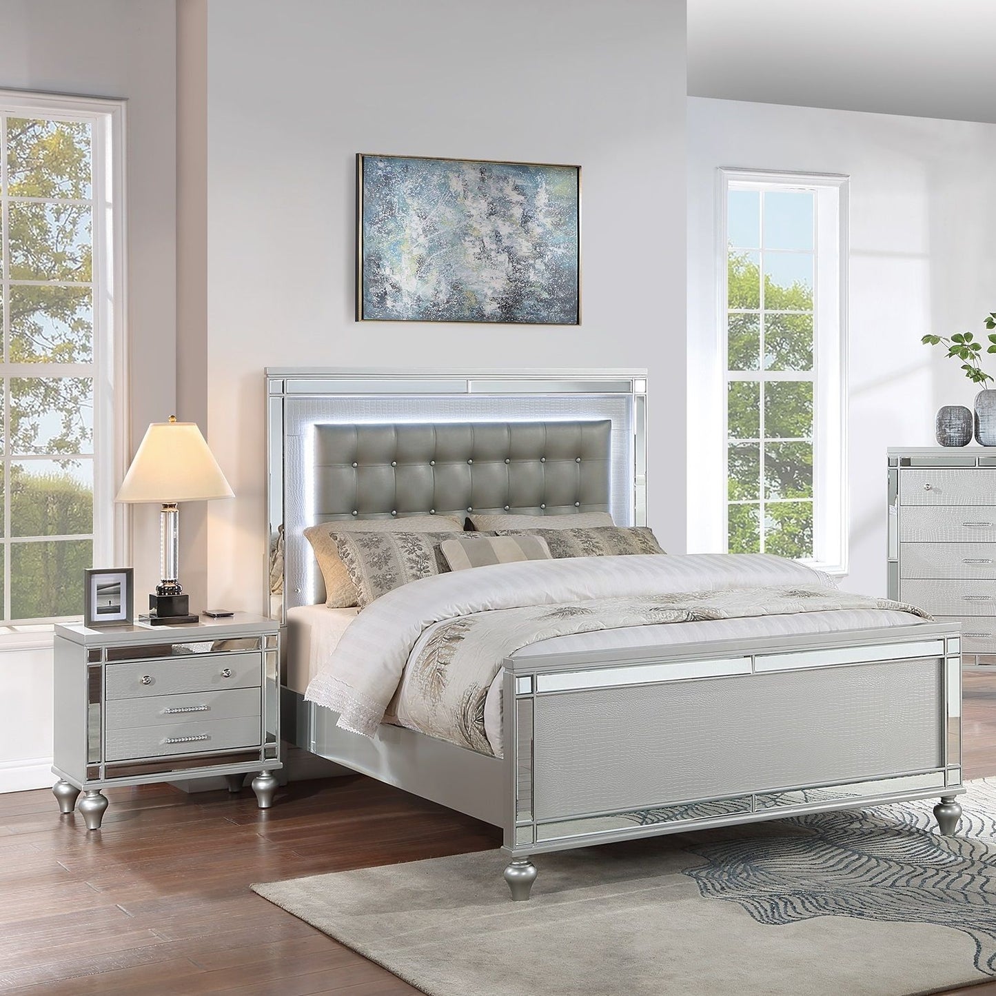 3 Piece Bedroom Set, Sleek Modern Bed With LED Nightstands