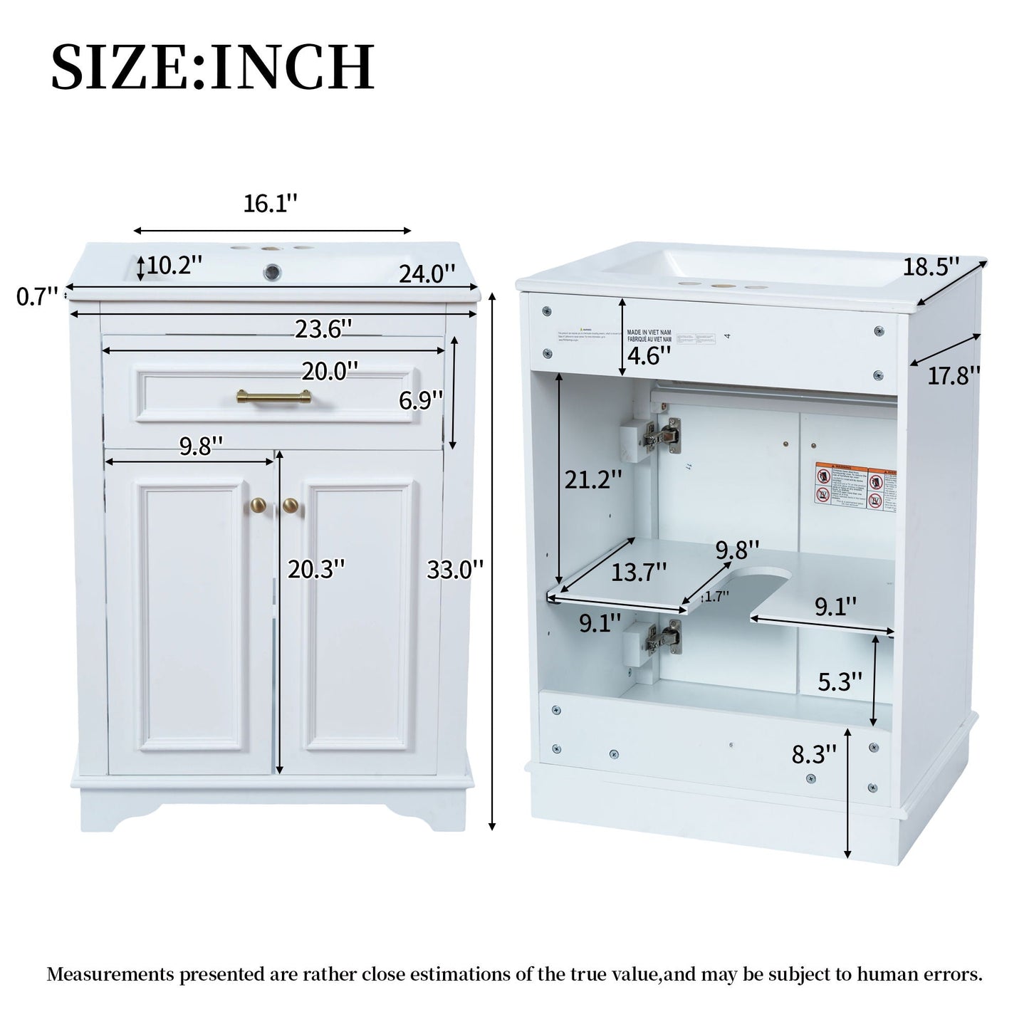 Bathroom Vanity With Integrated Sink, 2 Door Cabinet With Tip Out Drawer