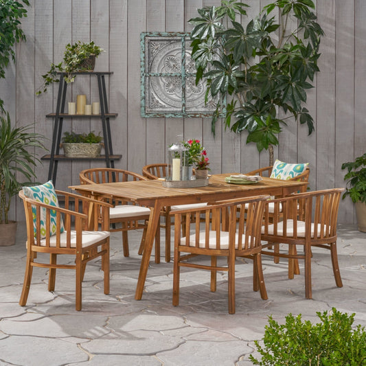 Outdoor 6 Seater Acacia Wood Dining Set with Cushions in Teak Finish and Cream Color
