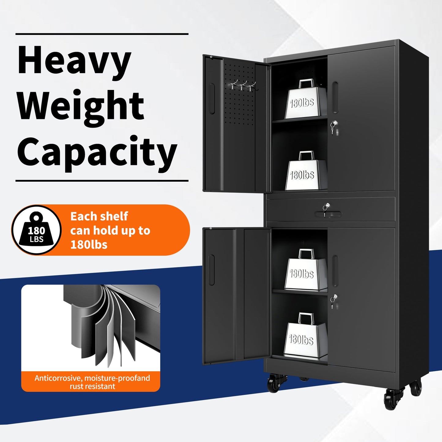 Metal Storage Cabinet with Drawer, Locking Doors, and Rolling Wheels
