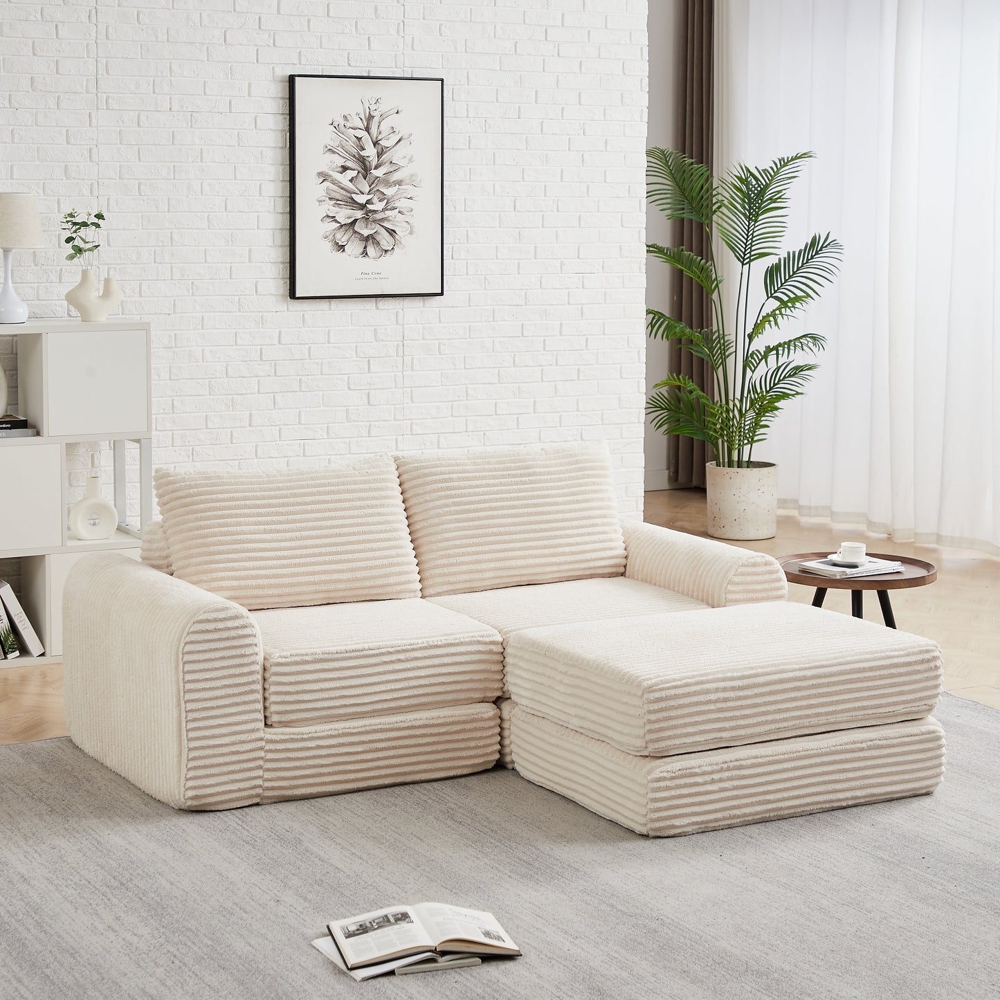 Minimalist Corduroy Sofa Bed with Two Throw Pillows