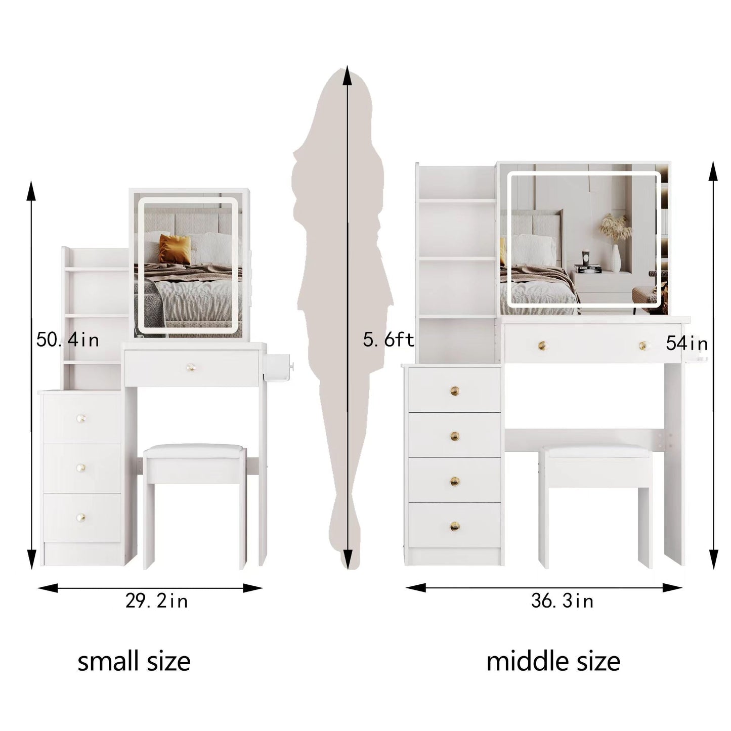 Cabinet Vanity Table & Cushioned Stool, USB Power Station, Hair Dryer Bracket - White