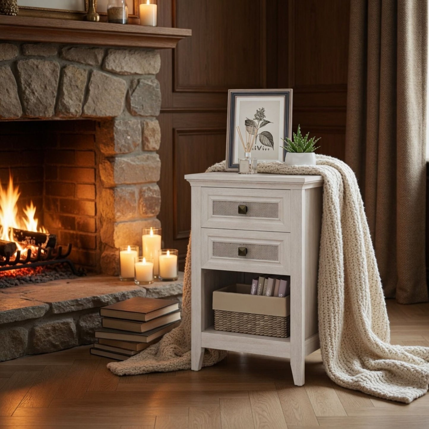 Nightstand With 2 Drawers & Shelf - White