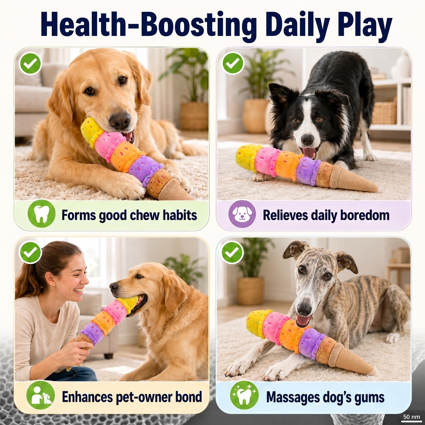 Squeaky Dog Plush Chew Toy, Interactive Tug Squeaky Toy For Chewers, Medium & Large Dogs & Fetch Play, 17.7 In Stuffed Rainbow Ice Cream Toy With Soft Short Plush For Gentle Gum Care & Boredom Relief