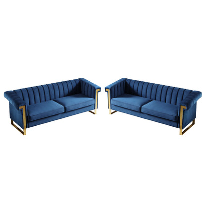 Vintage Blue Velvet 2 Piece Sofa Set