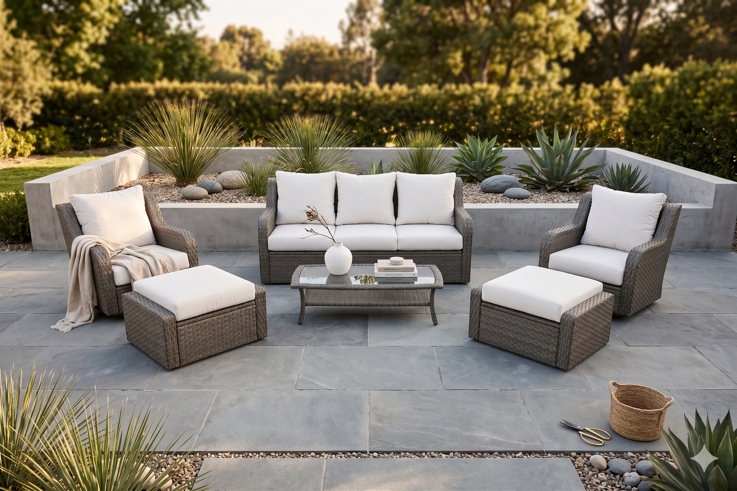 Luxury Rattan Patio Conversation Set – Includes 2 Swivel Chairs, Sofa, Coffee Table, And 2 Ottomans With Premium