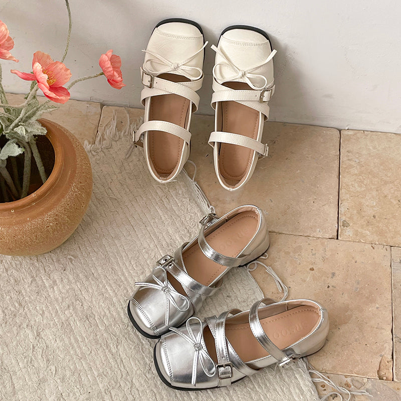 Square Bow Belt Buckle Silver Mary Jane Shoes Single Shoe Soft Sole Ballet Shoes