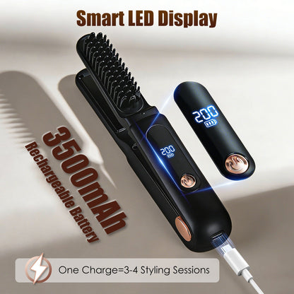 Cordless Hair Straightener Brush 2-in-1 Ceramic Flat Iron