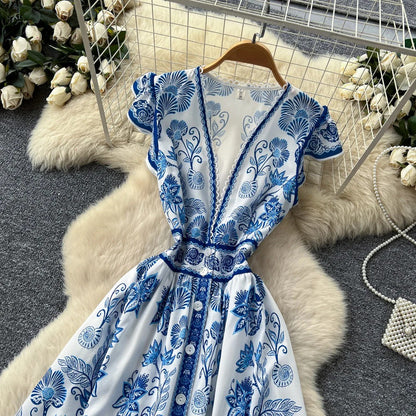 Blue Willow V-Neck Sleeveless Dress – Summer A-Line Maxi, Elegant Mandarin-Inspired Print