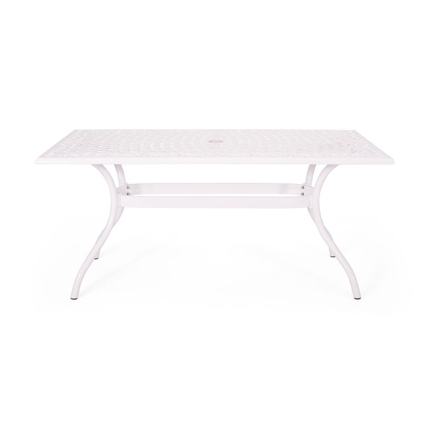 Celestine Outdoor Cast Aluminum Dining Table with Floral Lattice Design and Umbrella Holder