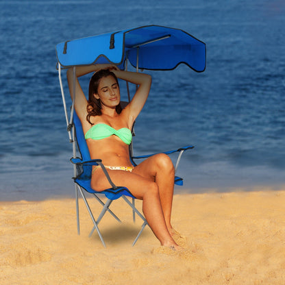 Foldable Beach Canopy Chair Sun Protection Camping Lawn Canopy Chair 330LBS Load Folding Seat w/ Cup Holder For Beach Poolside Travel Picnic