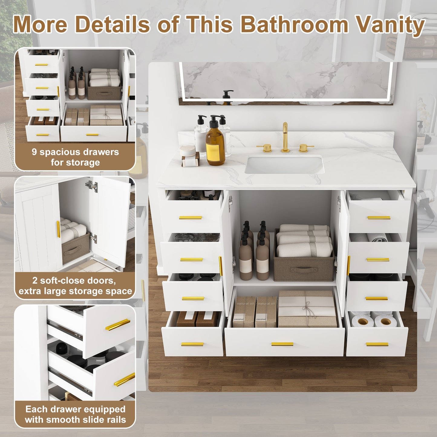 48" Modern Solid Wood Bathroom Vanity with Sink, 49" Carrara