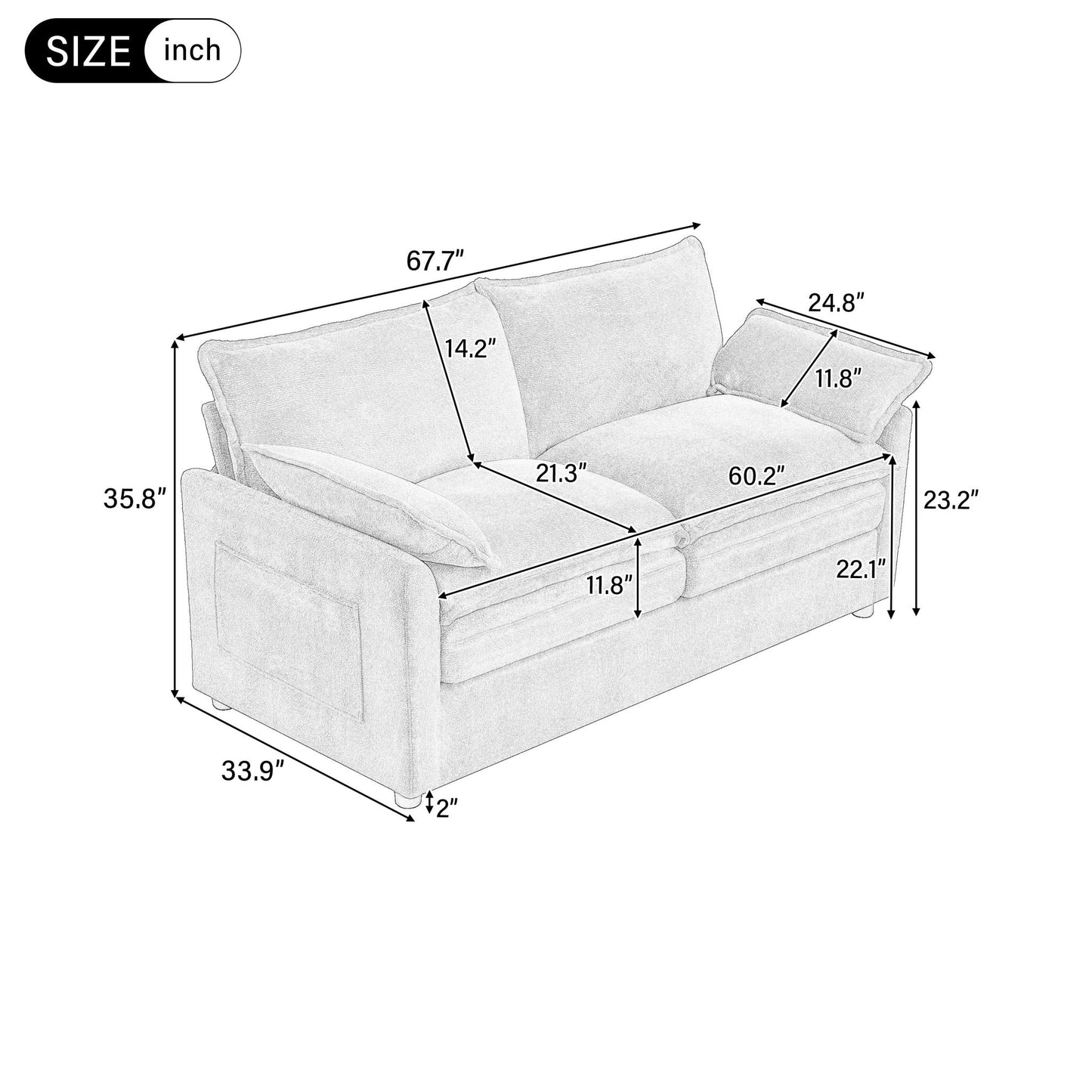 Modern Sofa Set With Double Layer Cushion And Side Storage Pockets