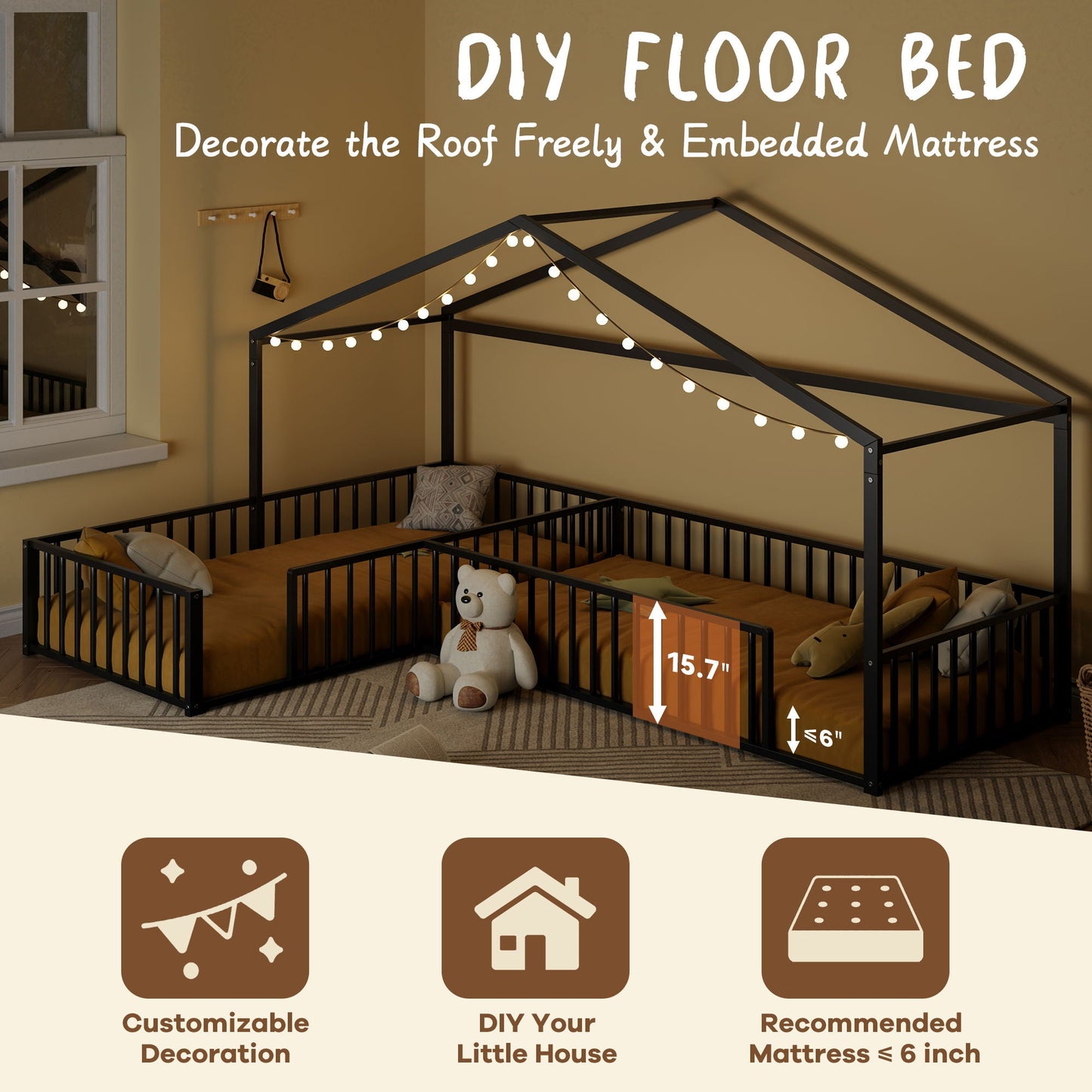 L-Shaped Montessori Bed For 2 Kids With Partitioned Fence