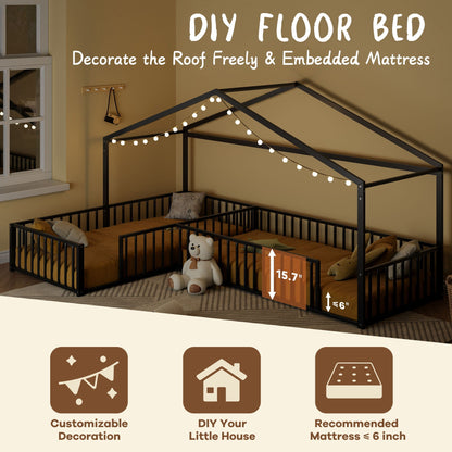 L-Shaped Montessori Bed For 2 Kids With Partitioned Fence