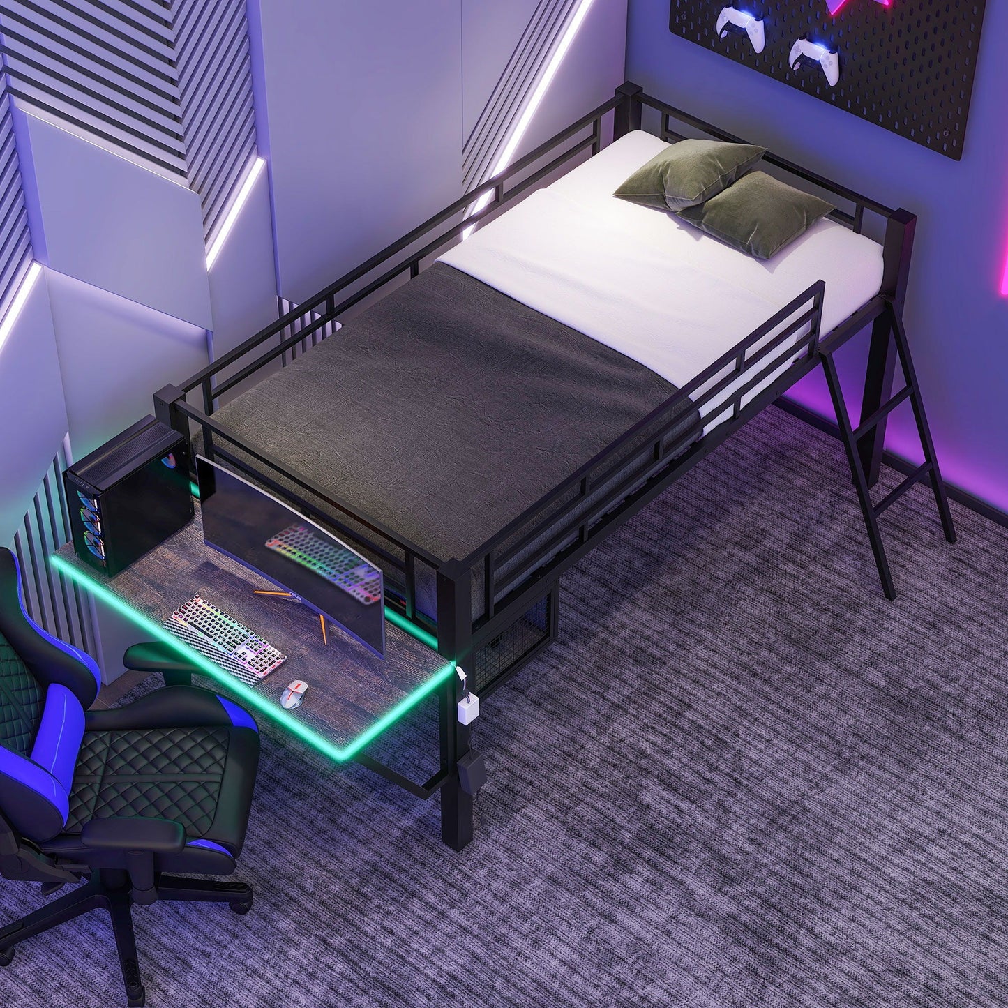 Gaming - Twin Loft Bed With Desk And LED - Black