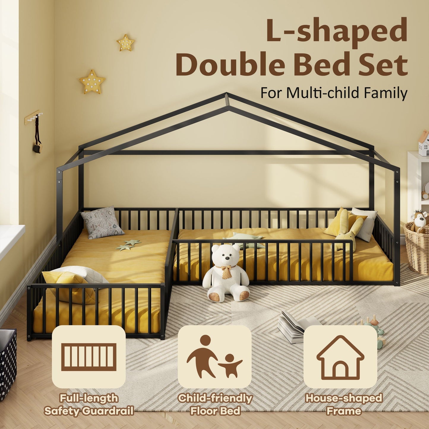 L-Shaped Montessori Bed For 2 Kids With Partitioned Fence