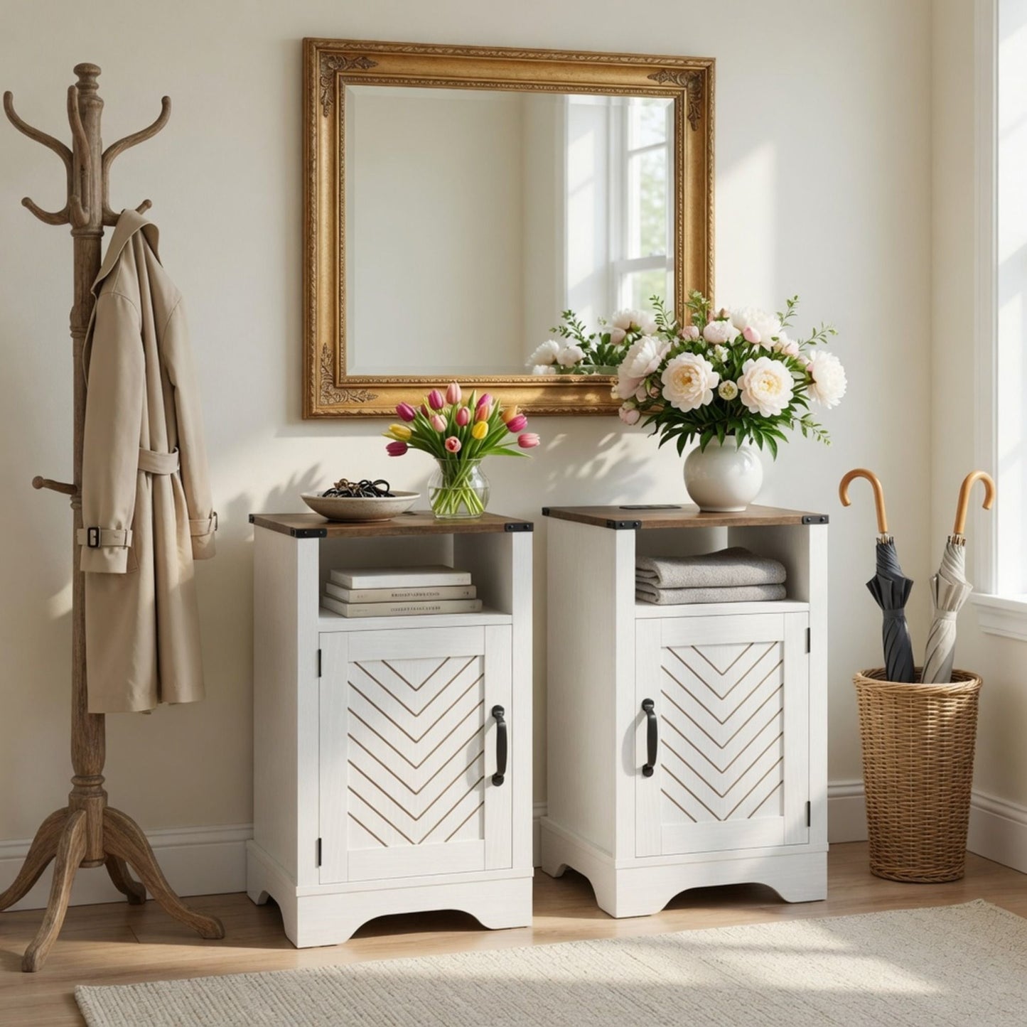 Farmhouse Nightstand With Charging Station & Storage