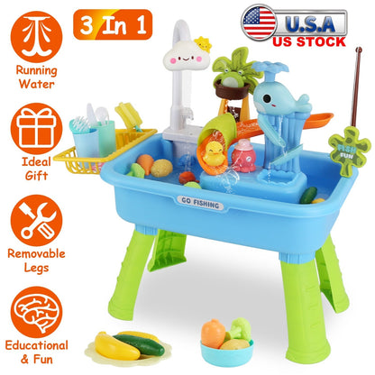 3 In 1 Kitchen Sink Toy with Electric Faucet Water Table Fishing Game Role Play Sink Set Indoor Outdoor for Kids Aged 3+ Years Old