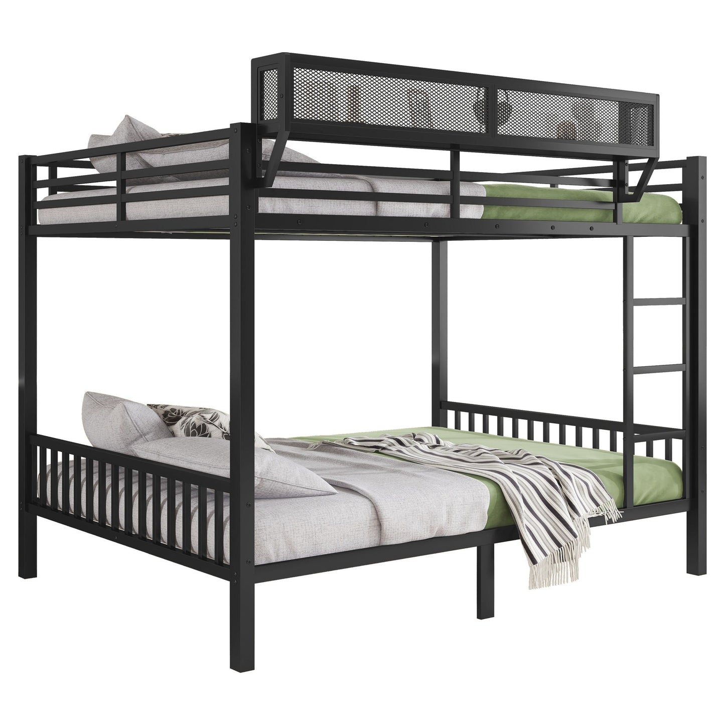 Queen Over Queen Bunk Bed With Ladder And Storage Shelf - Black